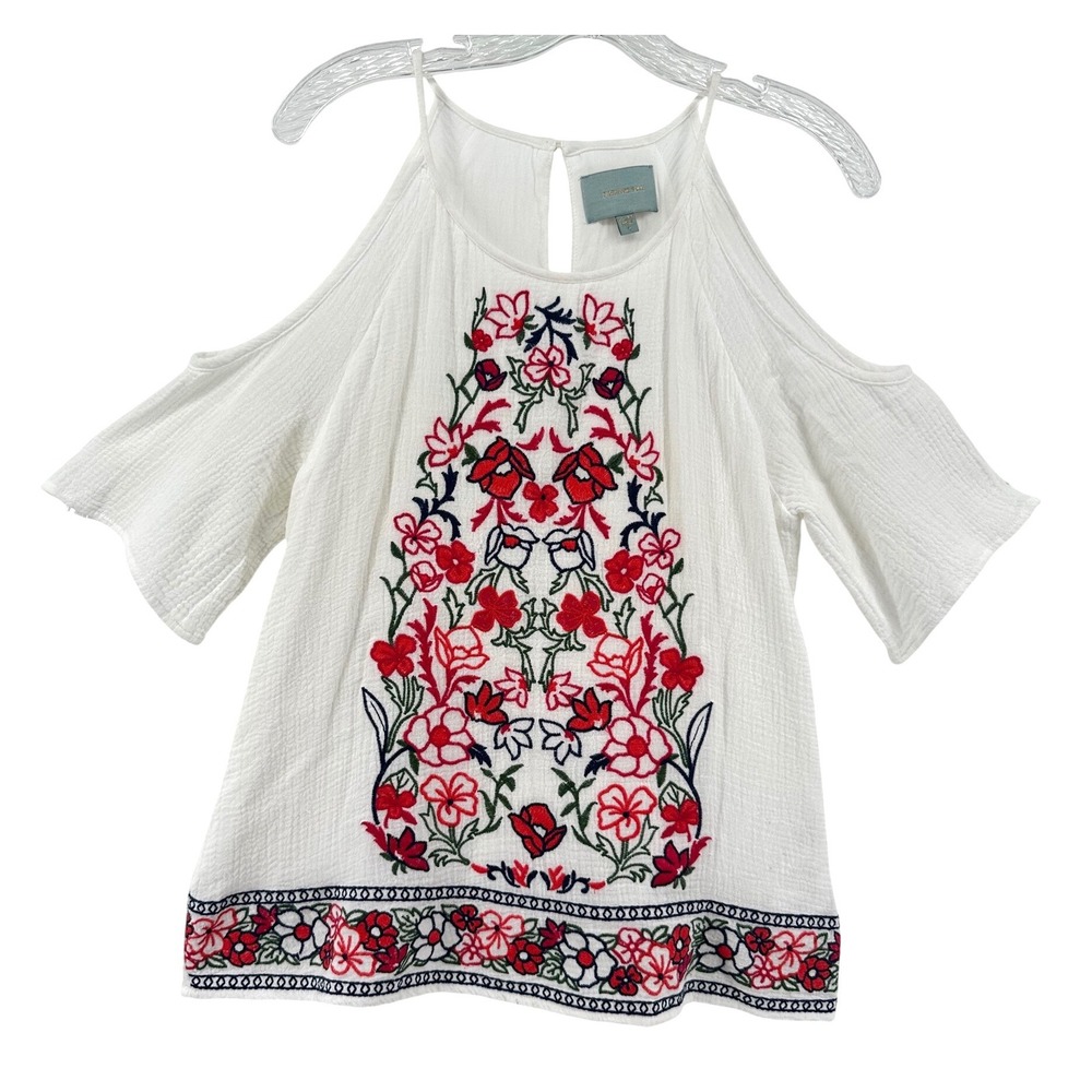 Womens White Floral Boho Embroidered Cold Shoulder Top Small Festival Peasant